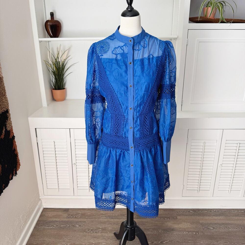 Dalia MacPhee Cobalt Blue Embroidered Crochet Floral Sheer Long Sleeve Dress XL